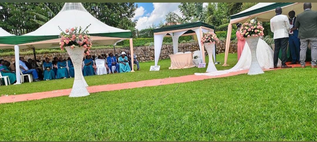 Floral stands and marquees at a wedding